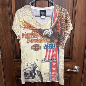 Harley‑Davidson Beige Multi Eagle Graphic V‑Neck Tee